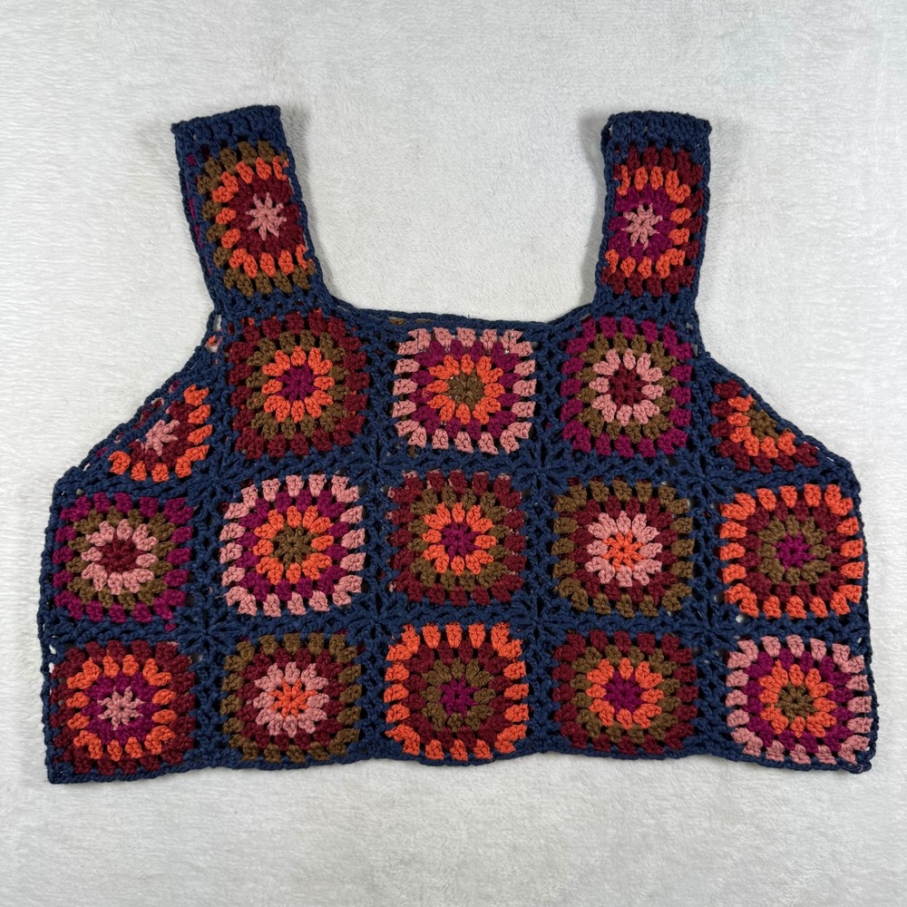 Natural Life Granny Square Crochet Crop Tank Top Navy Blue Orange L/XL Boho 9547 - Picture 5 of 6